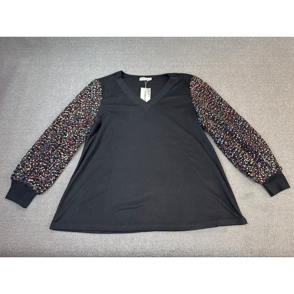 NWT Southern Stitch Womens Top Long Sleeve‎ Sequin Black Holiday Size Large